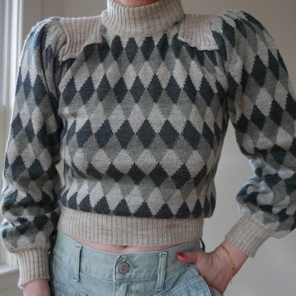 Vintage argyle knit sweater turtleneck puff sleeve womens Small - Picture 2 of 7
